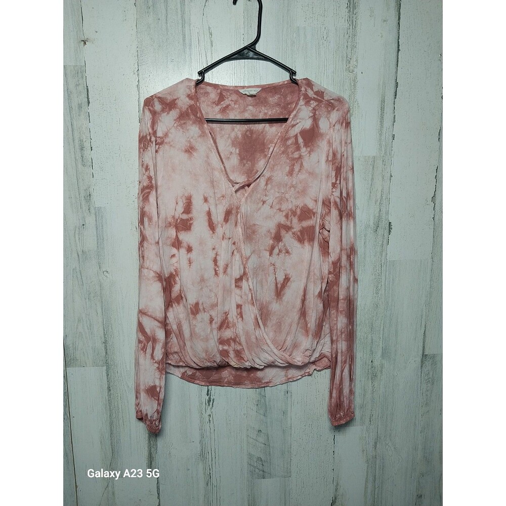 Aeropostale Top Womens Large Tie Dye Pink Criss Cross V Neck Balloon Sleeve